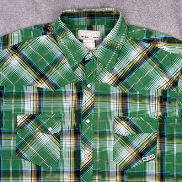 Wrangler Wrancher Shirt Mens XL Green Plaid Western Pearl Snap Rockabilly Cowboy - Picture 10 of 11